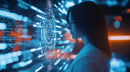 Poster - woman interacts with futuristic digital interface, surrounded by glowing blue and orange holographic elements, symbolizing advanced technology and innovation
