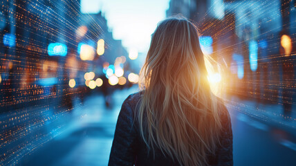 Poster - woman with long blonde hair walks through futuristic cityscape illuminated by glowing lights and digital effects, evoking sense of wonder and technology