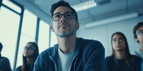 Poster - thoughtful teacher in classroom setting, surrounded by attentive students, gazes upward in modern, well lit learning environment