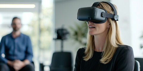 Aufkleber - woman wearing virtual reality headset is engaged in immersive experience in modern office setting, with blurred man in background