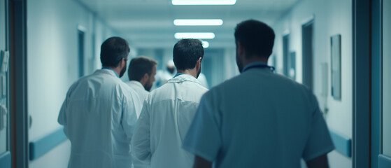 Aufkleber - group of doctors in white coats walking down hospital corridor, discussing patient care in professional and focused manner. hallway is brightly lit and clinical
