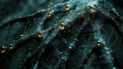 Dark, wet surface; glowing orbs; intricate web.