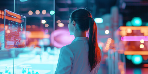 Aufkleber - woman in futuristic tech conference interacts with glowing digital screen, surrounded by vibrant neon lights and advanced technology, creating dynamic and innovative atmosphere