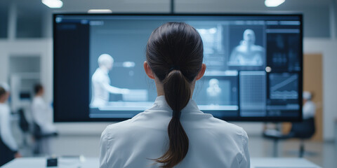 Aufkleber - woman in lab coat observes large digital screen displaying futuristic data and human figures in high tech laboratory environment
