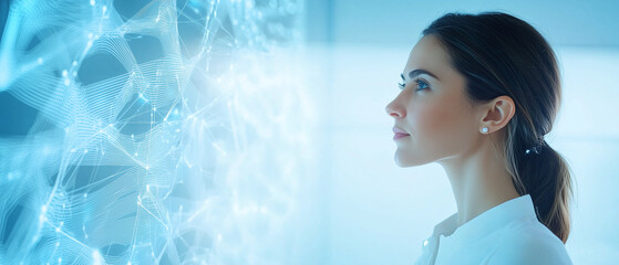 Aufkleber - woman in white blouse gazes at glowing digital interface with futuristic network design, symbolizing innovation and technology in modern workspace