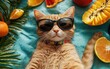© Shadowkiruu - Summer Vibes: Ginger Cat in Sunglasses Relaxes Amidst Tropical Fruits