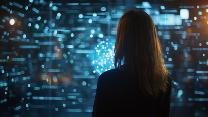 Poster - woman stands in front of futuristic digital interface, surrounded by glowing data streams and holographic elements, symbolizing technology and innovation