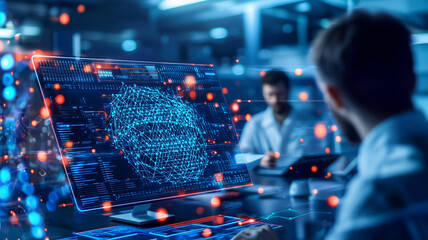 Aufkleber - team of IT specialists works in high tech office, analyzing data on futuristic digital interfaces with glowing holographic visuals, focusing on cybersecurity and AI development