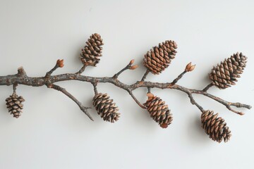 Poster - small pine cones hanging from a branch on a white background create a simple, natural scene