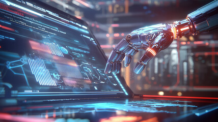 Poster - Futuristic robotic hand interacting with glowing holographic interface on laptop, showcasing advanced technology and artificial intelligence in high tech environment