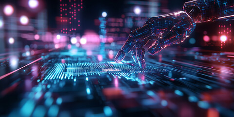 Poster - robotic hand interacts with glowing digital interface, surrounded by vibrant holographic lights and futuristic technology, symbolizing advanced AI and data analysis