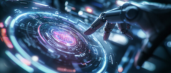 Poster - robotic hand interacts with futuristic holographic interface, showcasing advanced technology and innovation in artificial intelligence and data analysis