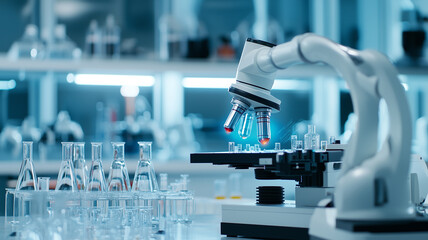 Poster - robotic arm operates microscope in futuristic laboratory surrounded by glassware, showcasing advanced technology and innovation in scientific research