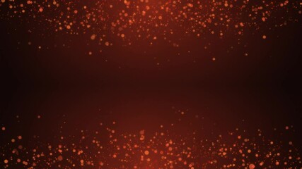 Poster - Orange glowing circles particles flying at the top and bottom of a dark abstract background, smoke effect, horizontal composition. Loop animation footage for graphic design.