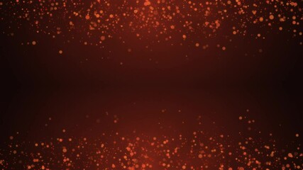 Poster - Orange glowing circles particles flying at the top and bottom of a dark abstract background, smoke effect, horizontal composition. Loop animation footage for graphic design.
