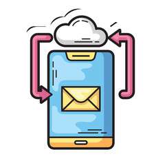 Poster - Cloud Based email syncing with phone illustrated through arrows, ideal for technology blogs, websites, or marketing materials related to emails and synchronization