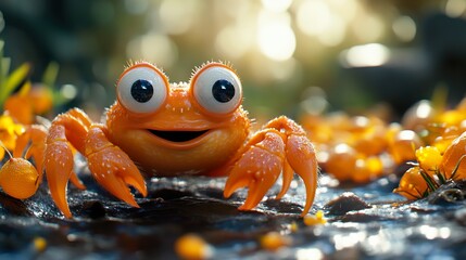 Poster - Adorable 3D Render of a Happy Cartoon Crab