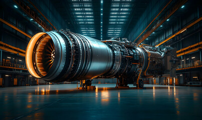 Poster - A large jet engine displayed in an industrial hangar, showcasing advanced engineering.