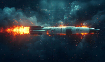 Poster - A missile soaring through clouds, emitting flames, symbolizing advanced military technology.
