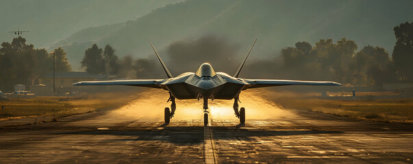 Poster - A sleek military aircraft taking off, creating a cloud of dust on a runway at sunset.