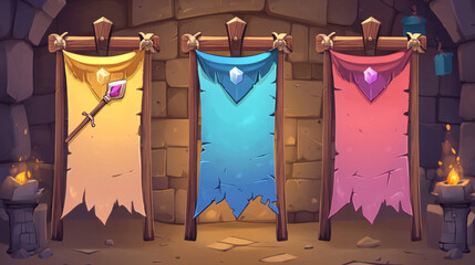 Poster - Game win and lose banners with stone brick frame and wooden board. Vector cartoon set of game ui elements in medieval style, score banners with pennants and spear