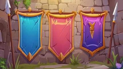 Poster - Game win and lose banners with stone brick frame and wooden board. Vector cartoon set of game ui elements in medieval style, score banners with pennants and spear