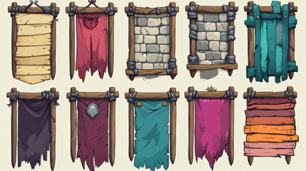 Poster - Game win and lose banners with stone brick frame and wooden board. Vector cartoon set of game ui elements in medieval style, score banners with pennants and spear