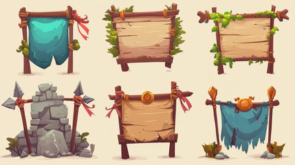 Poster - Game win and lose banners with stone brick frame and wooden board. Vector cartoon set of game ui elements in medieval style, score banners with pennants and spear