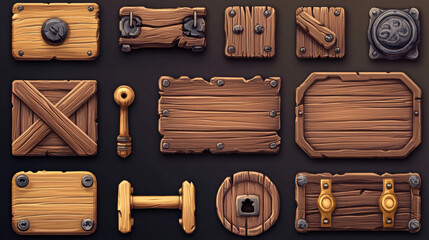 Poster - Wooden game tablets, buttons, cartoon menu interface wood keys. Textured boards, frames, ui or gui graphic design elements, arrows, planks and plaques user panel for rpg, isolated icons, 2d vector set
