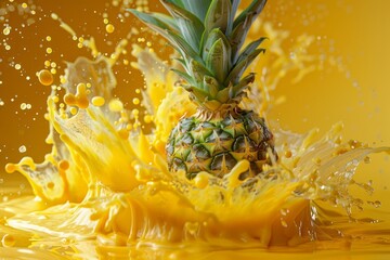 Poster - Fresh pineapple splashing into pineapple juice, creating a refreshing and vibrant image with droplets and crown