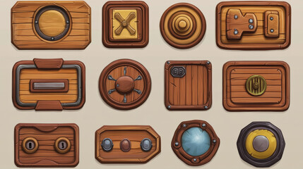 Poster - Wooden game tablets, buttons, cartoon menu interface wood keys. Textured boards, frames, ui or gui graphic design elements, arrows, planks and plaques user panel for rpg, isolated icons, 2d vector set