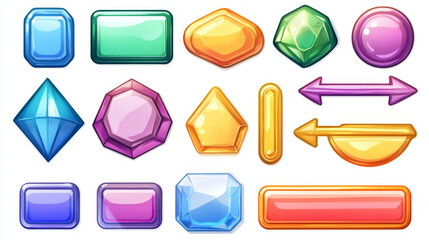 Poster - Catoon set of game ui buttons for computer, mobile app isolated on white background. Vector illustration of blue, pink, green bars, arrows, empty frames with gemstone texture. Gui elements collection