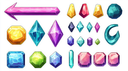 Poster - Catoon set of game ui buttons for computer, mobile app isolated on white background. Vector illustration of blue, pink, green bars, arrows, empty frames with gemstone texture. Gui elements collection