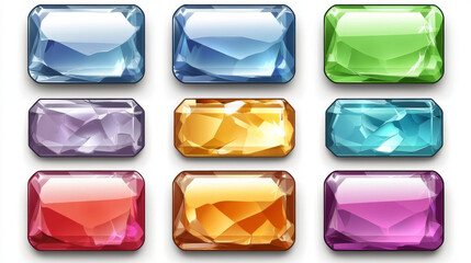 Poster - Glass color rectangular buttons for game or mobile app interface design. Vector cartoon set of blank web buttons from glossy crystal isolated on background