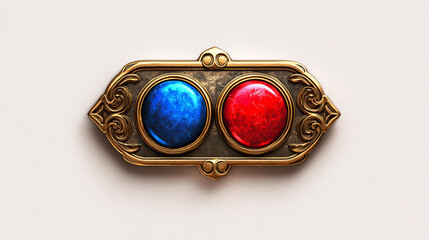 Poster - Medieval ui game sprite button with gold border cartoon design. Isolated long golden royal gui vector rpg element for shooter animation. Menu horizontal panel assets for app in red and blue.