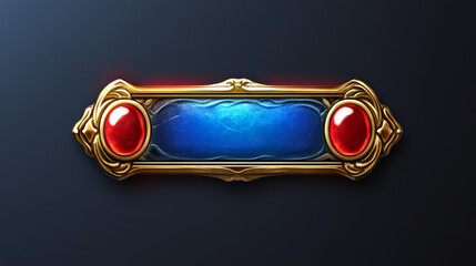 Poster - Medieval ui game sprite button with gold border cartoon design. Isolated long golden royal gui vector rpg element for shooter animation. Menu horizontal panel assets for app in red and blue.