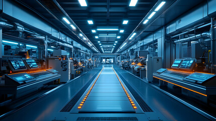 Poster - Futuristic industrial facility with advanced machinery and glowing interfaces.