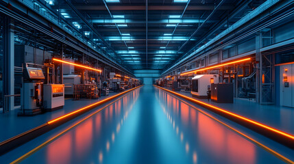 Poster - A modern industrial facility with illuminated pathways and machinery.