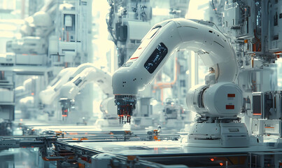 Poster - A futuristic industrial setting with robotic arms engaged in automated tasks.