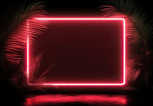 Neon border surrounding tropical palm leaf design, reflecting an anime aesthetic, vibrant dark pink and blue tones, purple neon composition, evoking the essence of contemporary gaming aesthetics