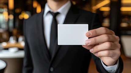 Poster - Corporate professional in formal attire holding a clean business card in front of a modern workspace design.