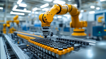 Poster - A robotic arm operates on a production line, assembling or packaging items efficiently.