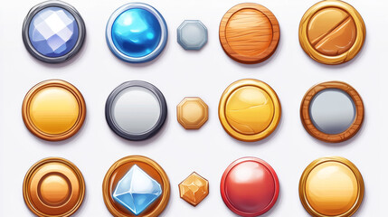 Poster - Game buttons, round frames or ui level icons cartoon design. Empty golden, silver, bronze, stone, glass and wooden badges or coins. Isolated award, reward or bonus graphic elements isolated vector set