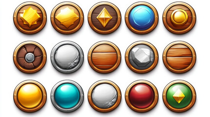 Poster - Game buttons, round frames or ui level icons cartoon design. Empty golden, silver, bronze, stone, glass and wooden badges or coins. Isolated award, reward or bonus graphic elements isolated vector set