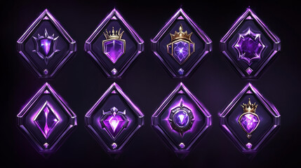 Poster - Purple hexagon frames of game avatars. Fantasy ranking badges with glowing borders with laurel, gems, crown and red pennant, vector cartoon set isolated on background