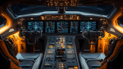 Poster - Futuristic aircraft cockpit with advanced controls and displays illuminated in a dark setting.