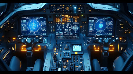Poster - A futuristic aircraft cockpit with advanced controls and displays for navigation and operation.