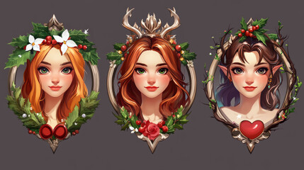 Poster - Round ui game avatar frames, elegant fantasy circles with curve ornate rims, christmas decor, tree branch with flowers and heart. Cartoon circular borders, isolated graphic gui elements Vector set