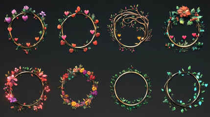 Poster - Round ui game avatar frames, elegant fantasy circles with curve ornate rims, christmas decor, tree branch with flowers and heart. Cartoon circular borders, isolated graphic gui elements Vector set