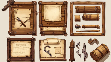 Poster - Game ui scrolls, wooden boards and antique parchments cartoon menu interface, wood textured planks, gui graphic design elements. User panel with settings, options or adventure isolated 2d vector set